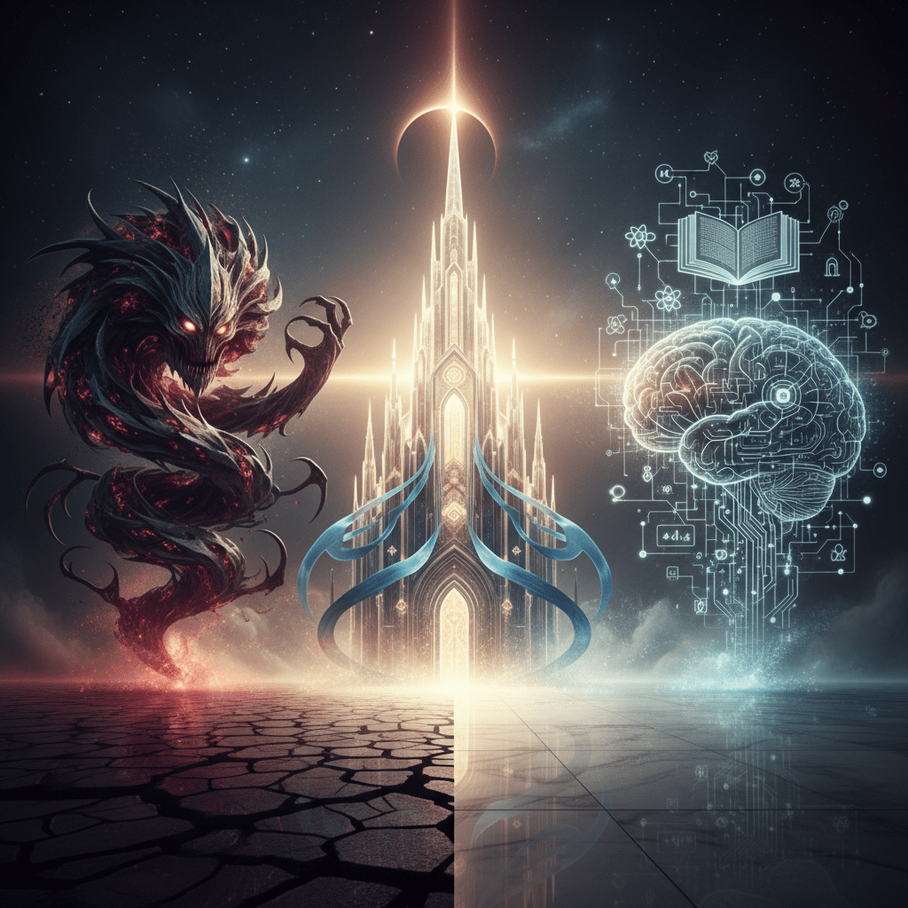 A menacing shadowy creature with glowing eyes next to a luminous cathedral and a glowing digital brain with circuit patterns and an open book above it