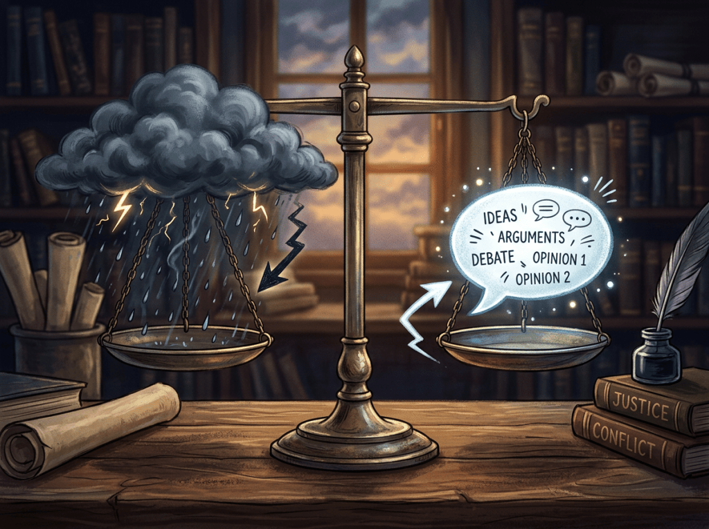 A scale with a storm cloud on one side and a speech bubble containing ideas, arguments, debate, and opinions on the other side