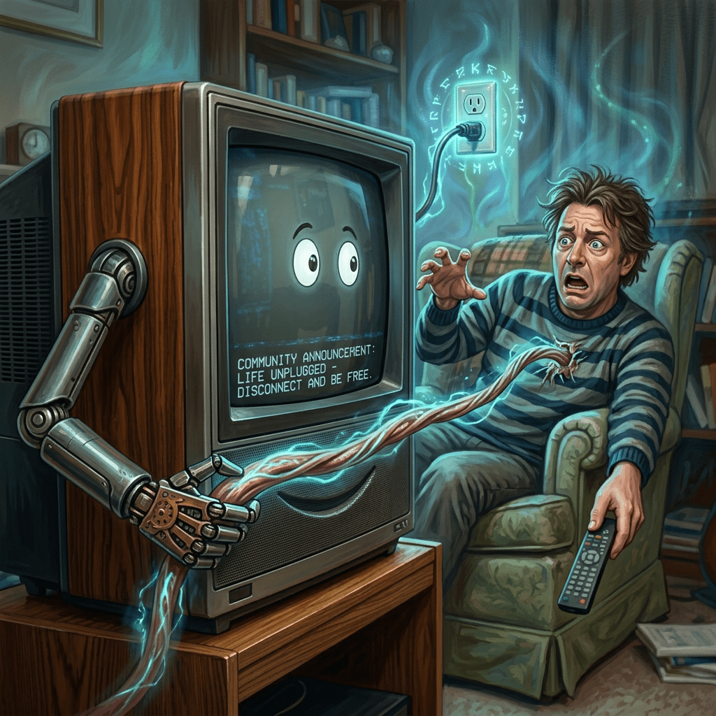 Vintage television with animated eyes and a smile, turning itself off with a human hand, man startled in background