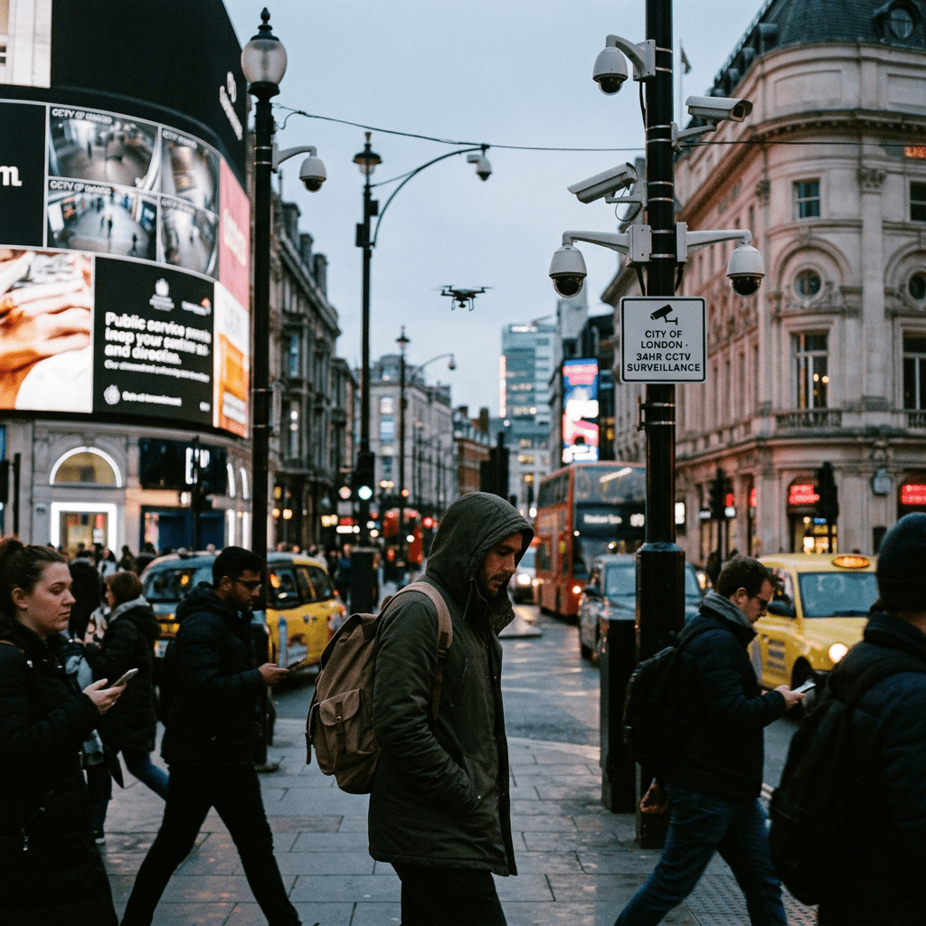 City street with people walking, multiple CCTV cameras, a drone flying, and traffic