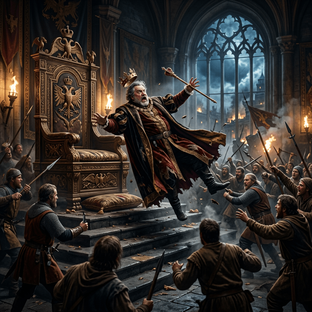 King falling off throne as armed rebels storm a medieval throne room