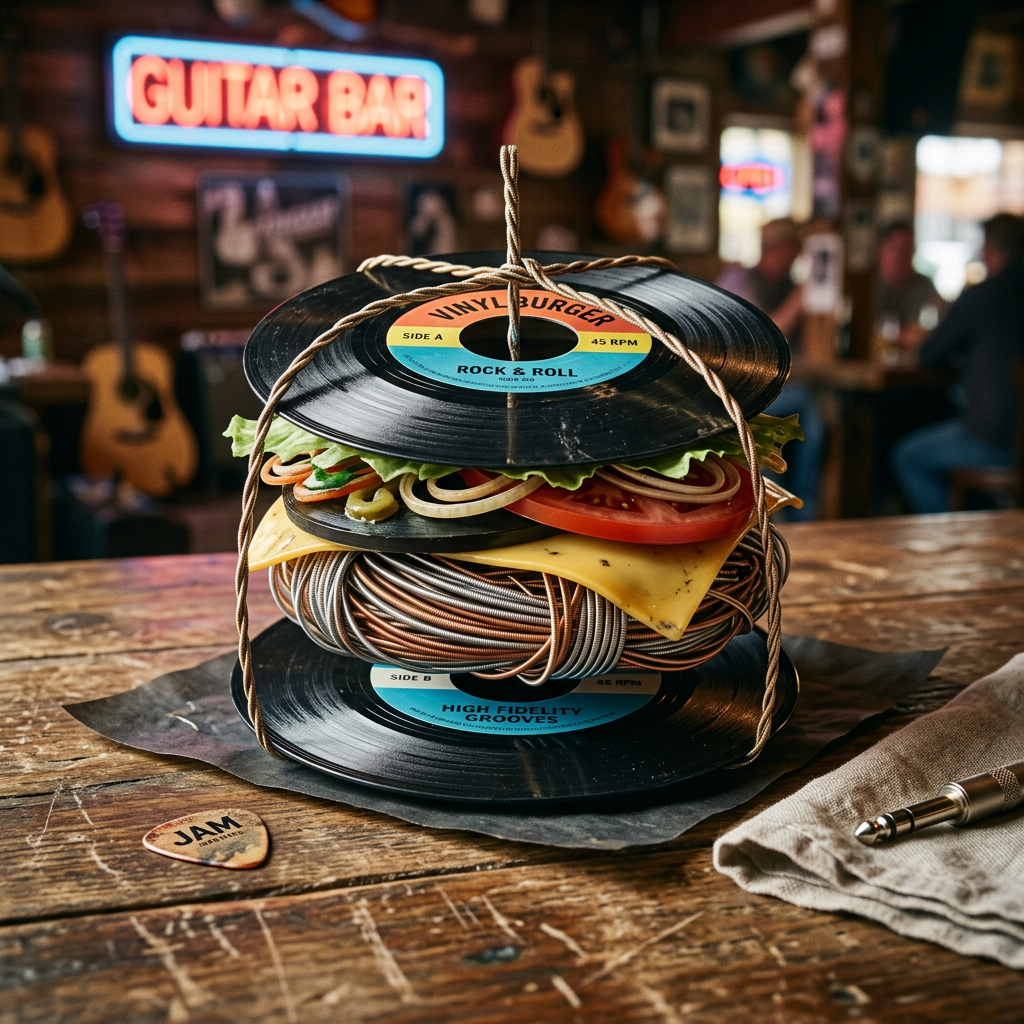 Burger made from vinyl records, guitar cables, and vegetables