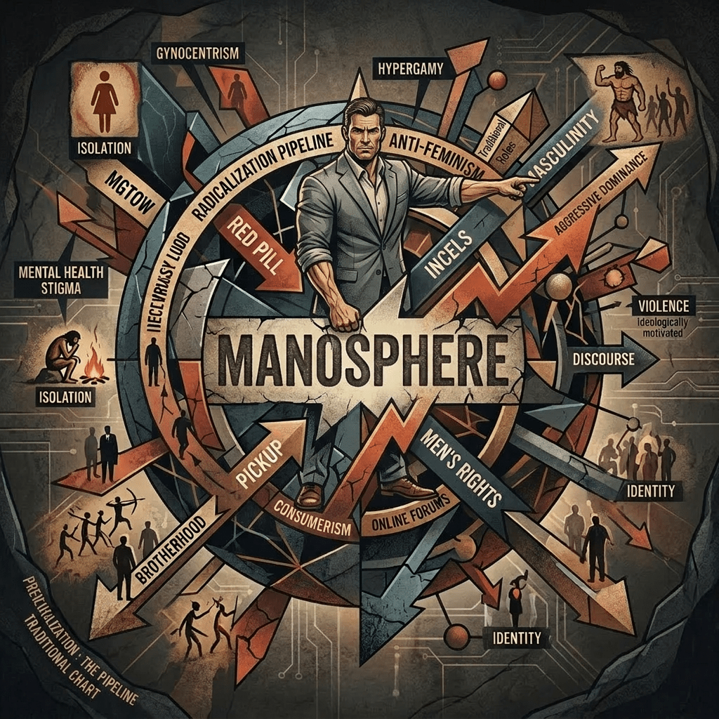 Diagram showing interconnected terms related to the manosphere including red pill, incels, men's rights, anti-feminism, MGTOW, isolation, masculinity, and more.
