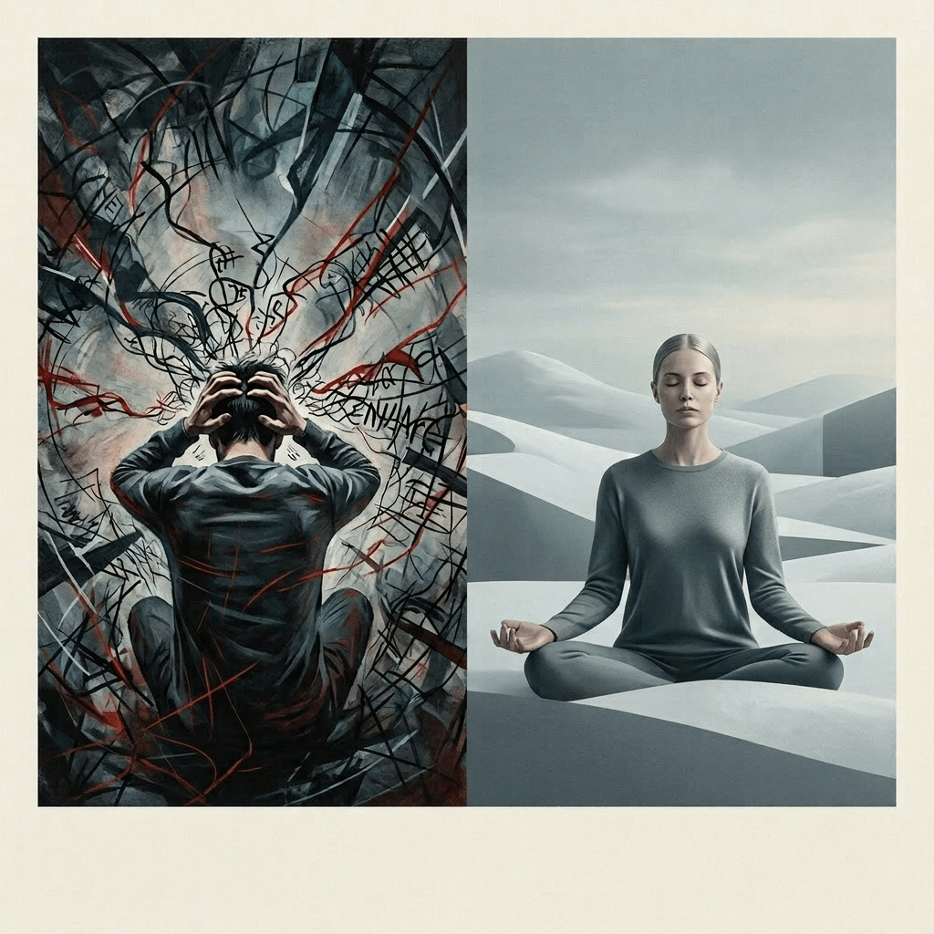 Left side shows person clutching head surrounded by words fear, worry, overwhelmed; right side shows person meditating peacefully in serene landscape