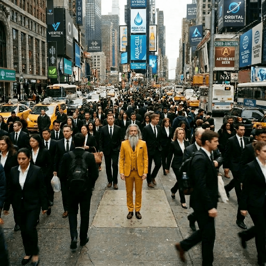Crowd of people walking on a busy street in Times Square with one woman standing still in the center
