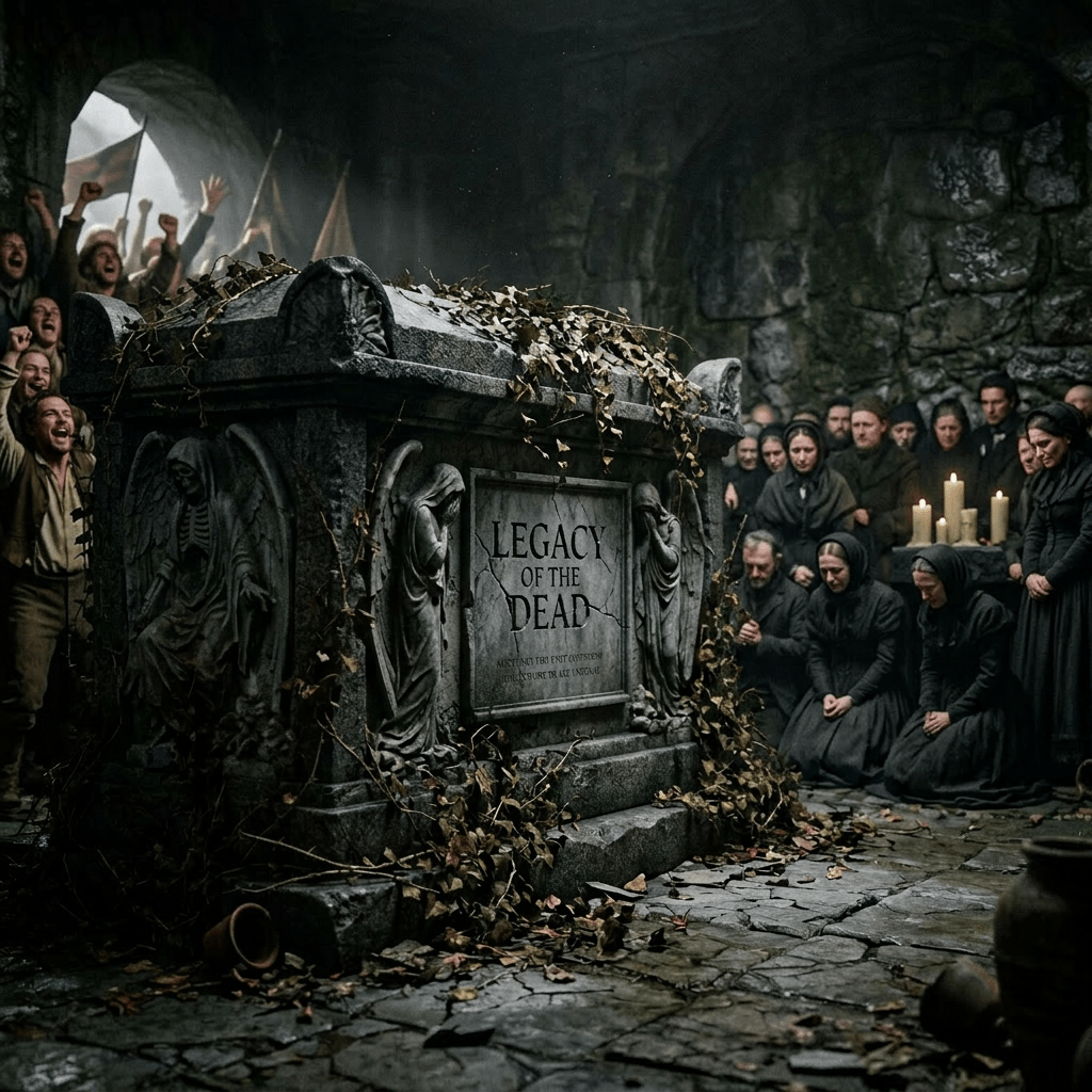 Stone tomb adorned with angel carvings and ivy in a dark crypt