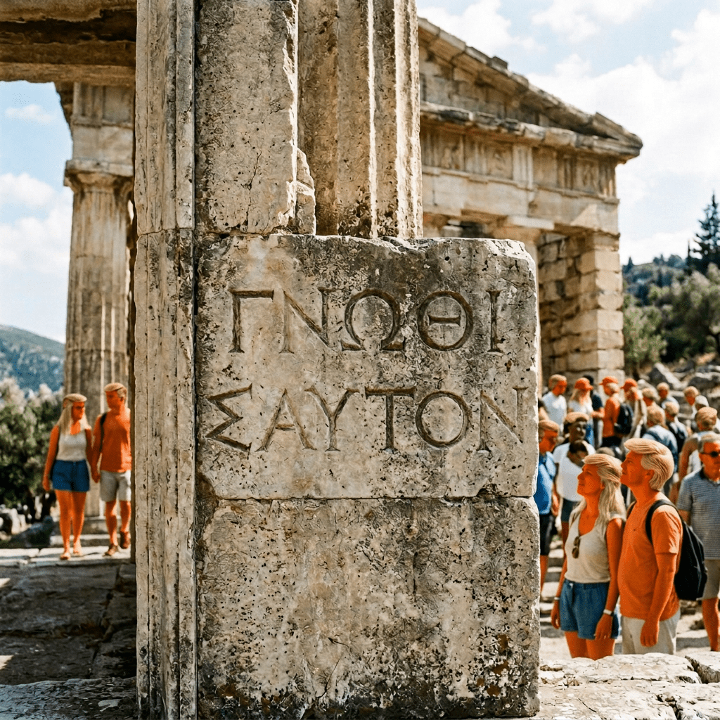 Ancient Greek inscription carved into stone column at a historic temple site