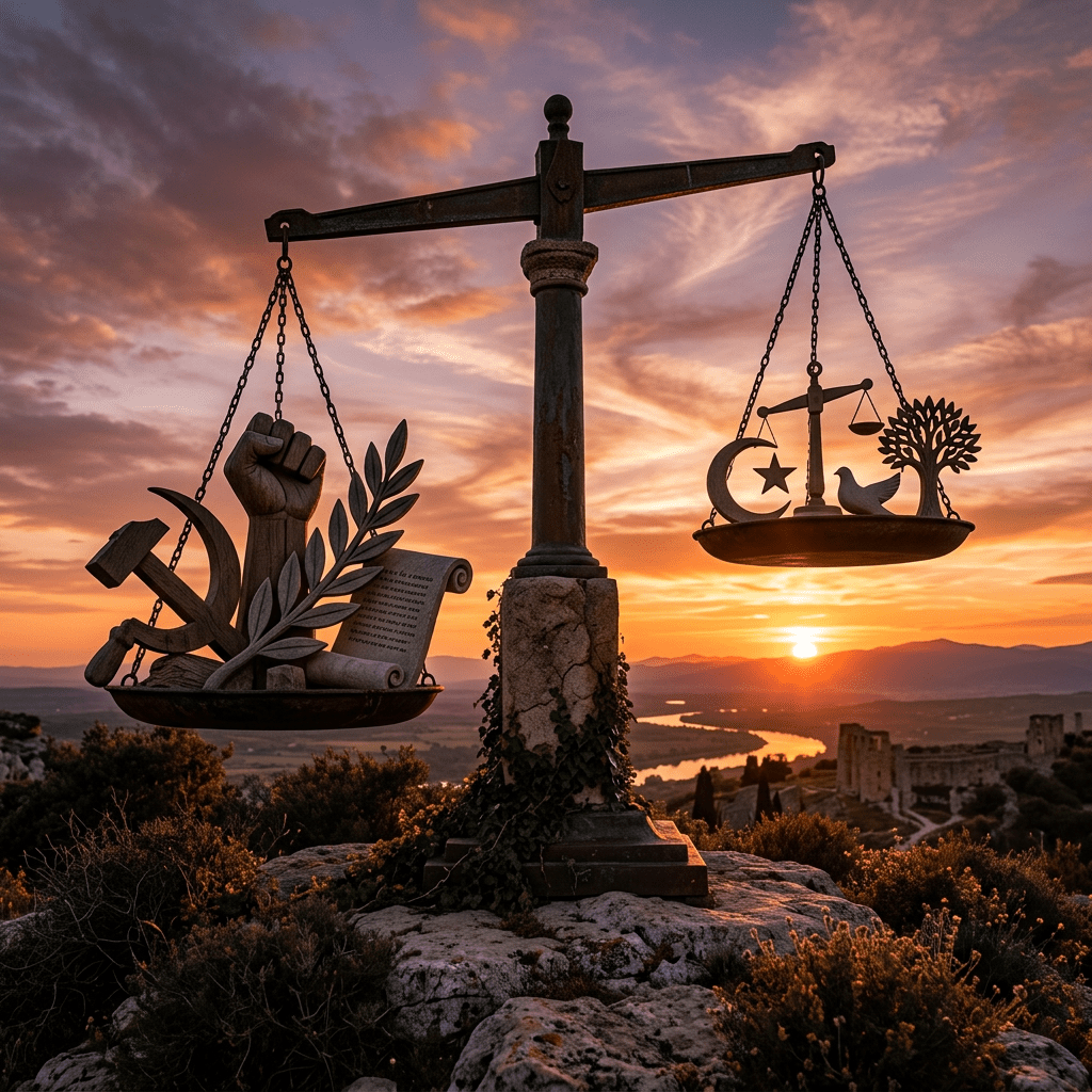 Large balance scale with ideological symbols at sunset