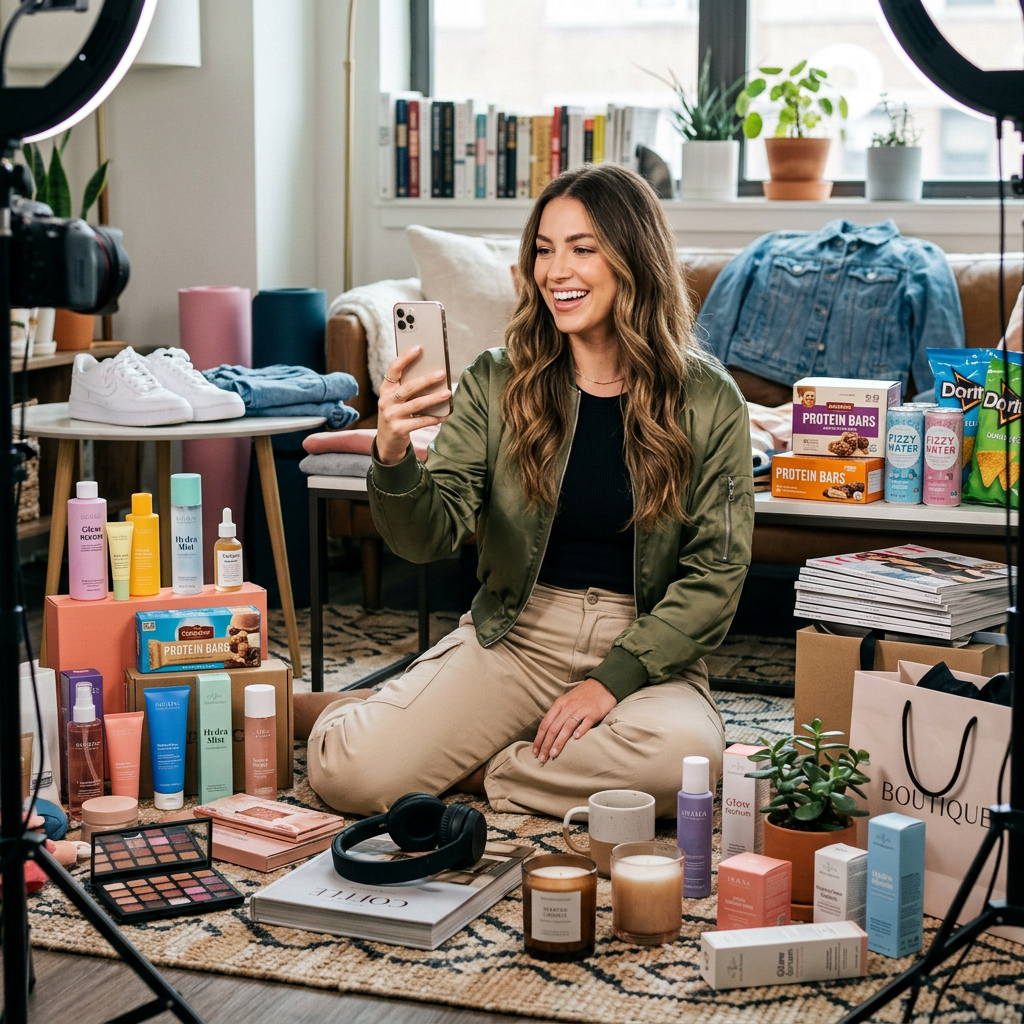 Influencer surrounded by various consumer products