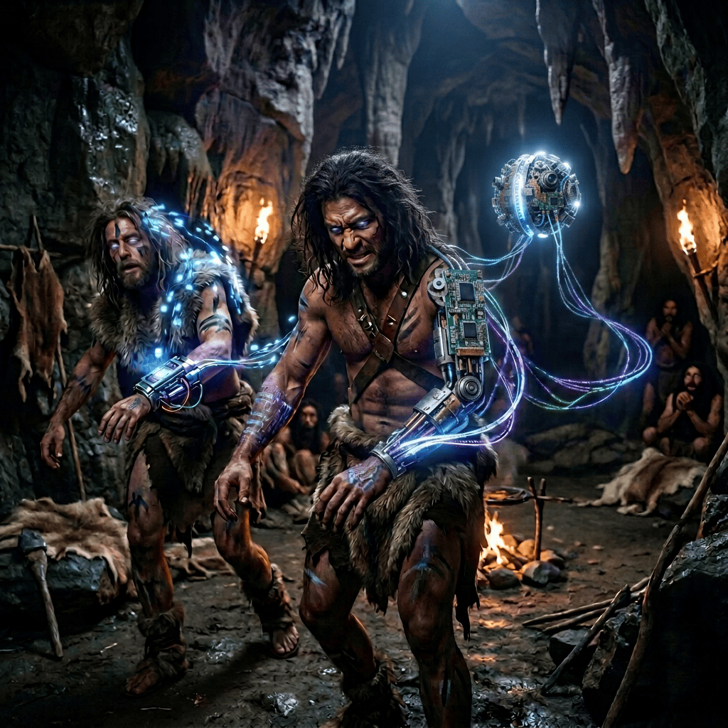 Cavemen with futuristic glowing holograms and wrist devices in a cave